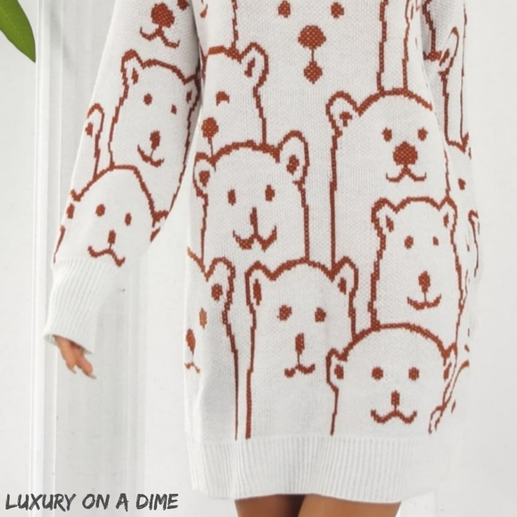 Polar Bear Round Neck Cozy Knit Long Sleeve Oversized Mini Sweater Dress White - Picture 7 of 11